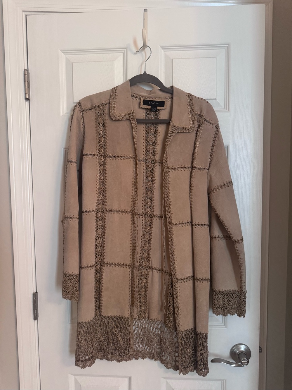 Beige Crochet-Trim Long Cardigan